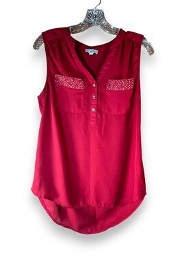 Guess Red Studded Pocket Sleeveless Blouse Hi-Low Hem Medium